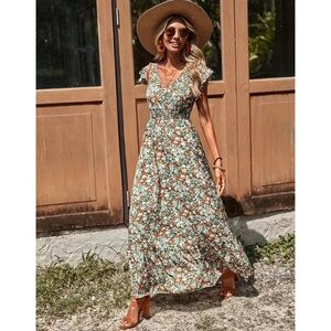 Women’s Ditsy Floral Ruffle Trim V Neck Smocked Waist Boho Maxi Dress NWT